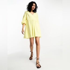 River Island puff sleeve tie back smock mini dress in yellow size 12